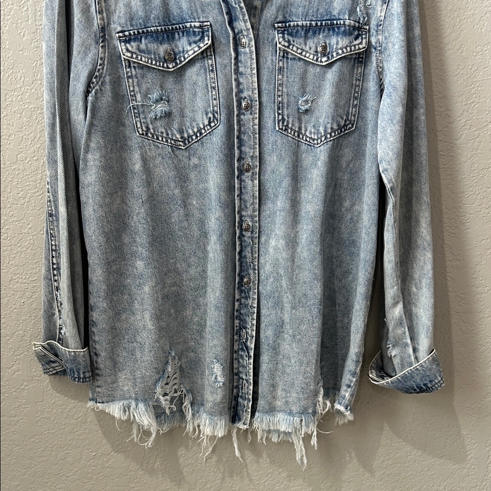 Risen Women's Light Wash Distressed Denim Shirt - Picture 5 of 11